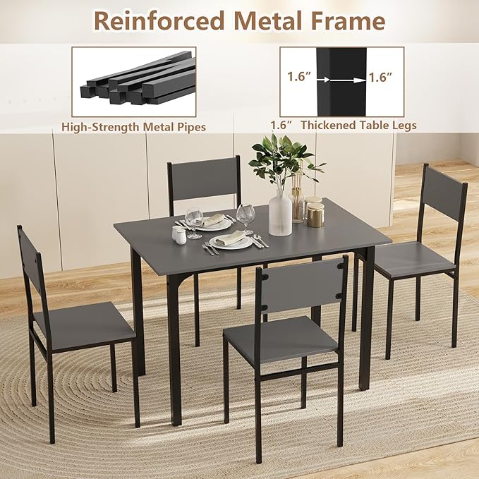COSTWAY Dining Table Set for 4, Rectangular Kitchen Table and Chairs Set with Backrest, Metal Frame, Space-Saving Dinette Set, Breakfast Nook Table Set for Small Space, Apartment, Dorm (Grey)