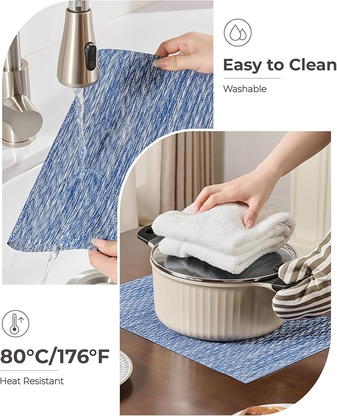Leetaltree Blue Placemats Set of 6- Heat Resistant Non-Slip Place mats for Dining Table, Washable Durable PVC Vinyl Woven Table Mats（Blue Zigzag, 6）