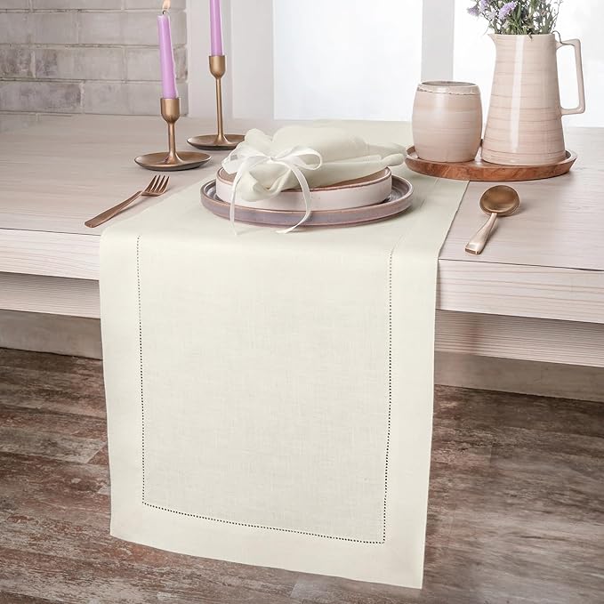 D'Moksha Homes Linen Ivory Table Runner 108 Inches Long - 100% Pure Linen 14 x 108 Inch Table Runner for Valentines, Spring, Easter - Classic Hemstitch