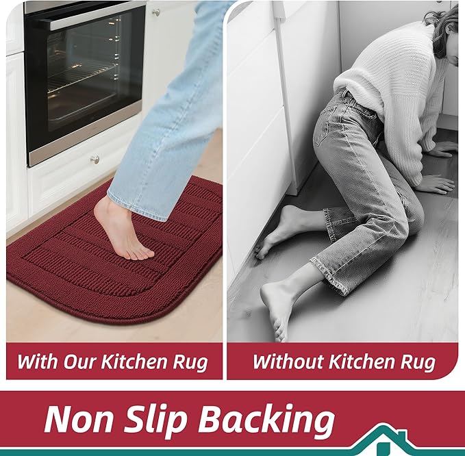 BEQHAUSE 30x18 Inch Kitchen Rug Mat Durable Kitchen Rugs Non-Slip Washable Absorbent Kitchen Mats for Floor Dirt-Resistant Semicircular Kitchen Mat (Red)