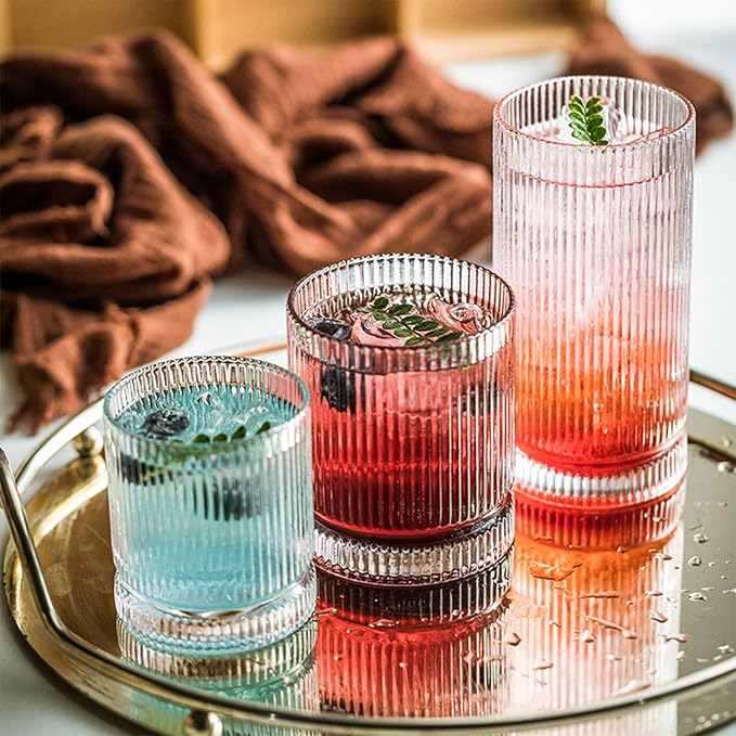 Ribbed Glass Cups Set, 13oz Vintage Drinking Glassware Set, 6 Piece Premium Glassware, Elegant Mixed Glassware Set, Origami Style Cocktail Glasses, Great for Whisky, Iced Coffee & Beverages (6PCS)