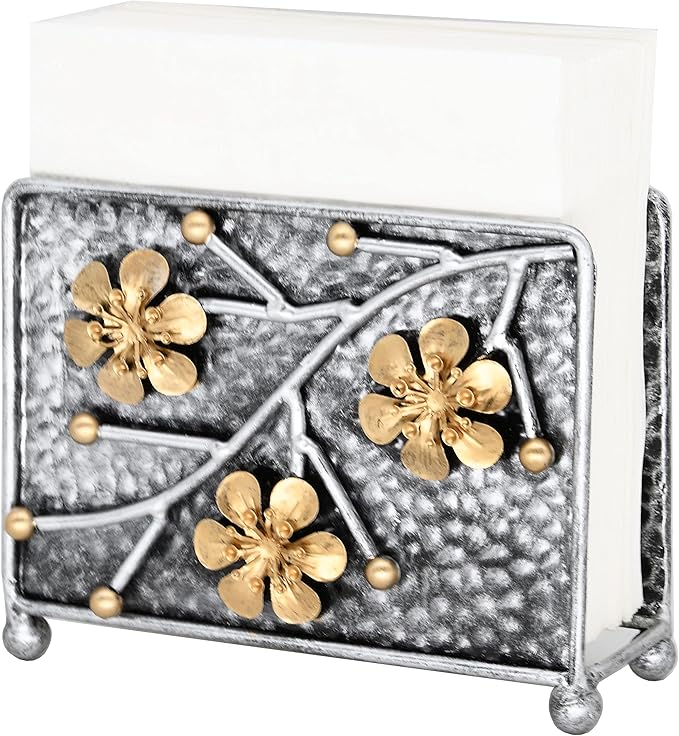 OwlGift Sakura Napkin Holder, Cherry Blossom Design Metal Freestanding Tissue Dispenser Organizer Iron Tabletop Paper Napkin Holder Stand for Home Kitchen Restaurant Picnic Party, Silver