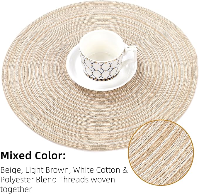 SHACOS 15 inch Round Braided Placemats Set of 6 Cotton Polyester Place Mats Non Slip Heat Resistant Washable Table Mats for Kitchen Dining Party Table Decor (Beige, 6)