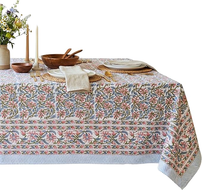 ATOSII Kalina 100% Cotton Rectangle Tablecloth, Handblock Floral Linen Table Cloth for Kitchen Dining Table I Parties Wedding Outdoors I Home Decor 60 X 108 Inches