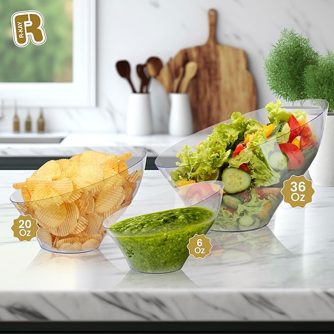 R-kay 6 Pack Large Plastic Bowls - Premium Clear bowls - Plastic Serving Bowls Heavy Duty For Weddings Catering, Parties, And All Occasions 36 Oz (Clear, Large)