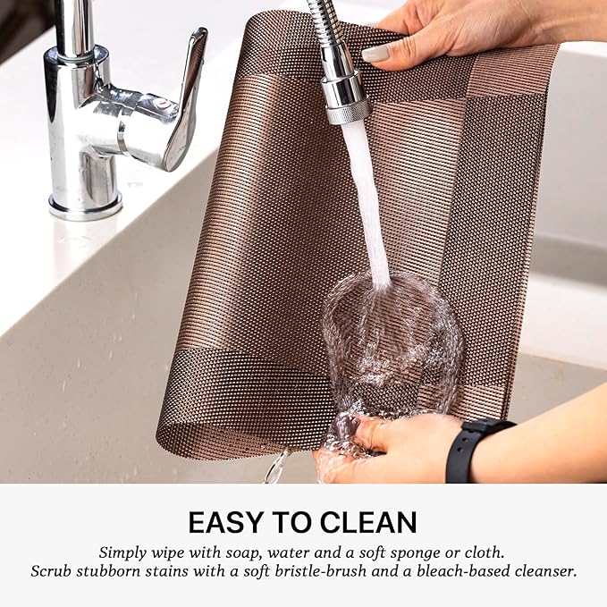 LEXMORE Placemats Set of 4 Vinyl/Plastic Woven Place Mats for Kitchen Table Indoor/Outdoor Washable Placemat Wipeable Dining Table Mats(Brown Cube)