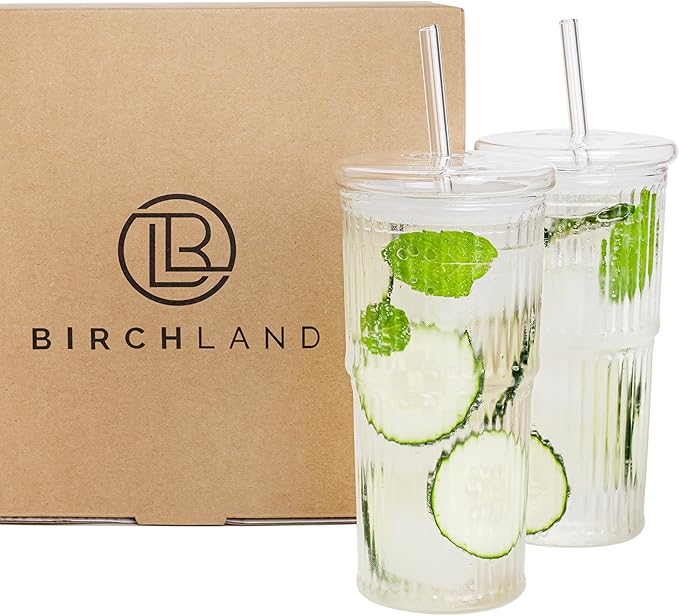 All Glass Iced Coffee Cup with Lid and Straw, Ribbed Glass Tumbler Set of 2 (18 oz)