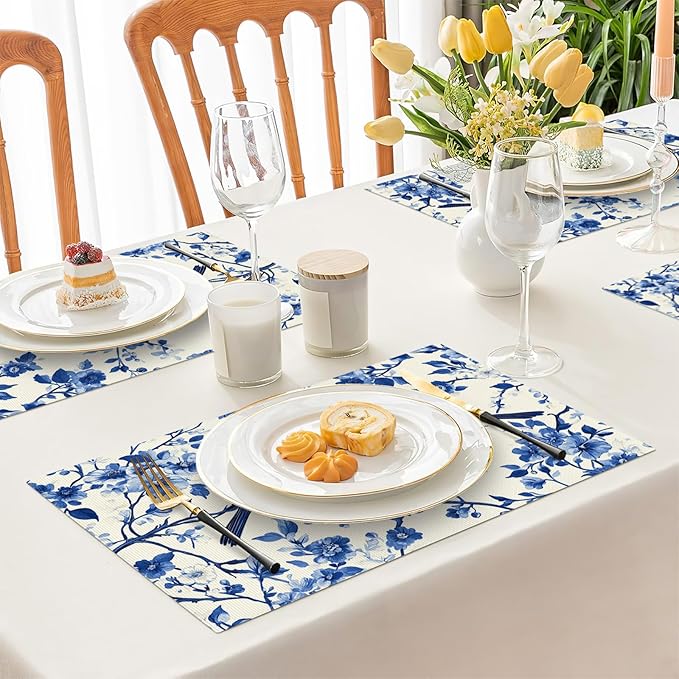 Flower Bird Placemats Set of 6, Blue Birds Place Mats,Blue and White Floral Waterproof Washable Table Mats for Home Party Indoor Kitchen Dining Table Decoration 12x18 Inch