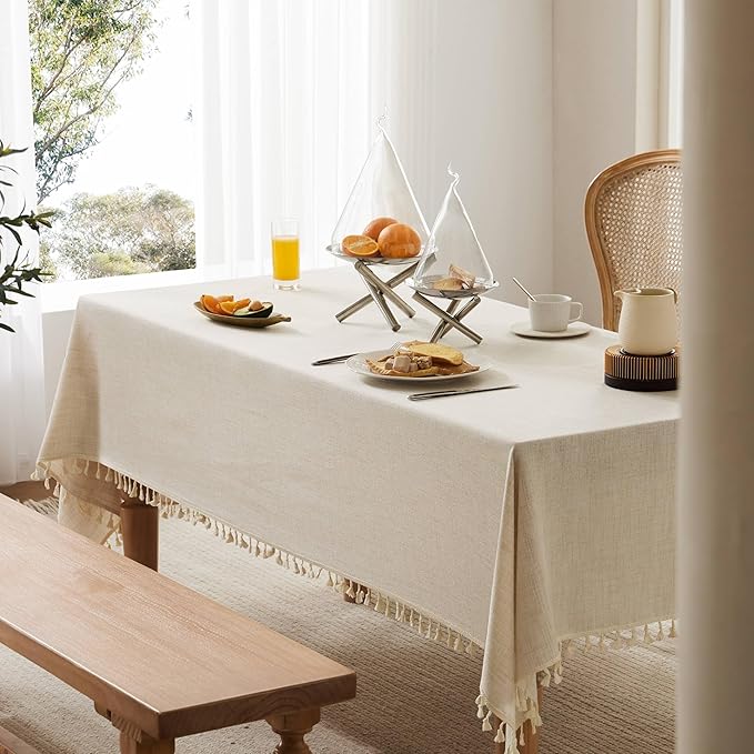Linen Tablecloth with Tassels, Farmhouse Style Light Beige Tablecloth, Water Resistant Burlap Tablecloths for Rectangle Table, 52x70 Inch Light Tan