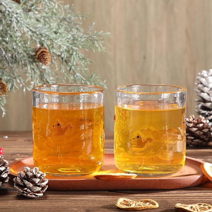 Icon Juice Glasses, 14oz Stemless Wine Drinking Juice Glass Cup for Valentine Party Supplies Gift(2 Pcs,Squirrel)