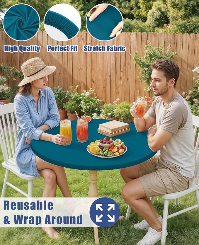 Round Spandex Tablecloth, Elastic Fitted Waterproof Tablecloths for 25"-30" Tables, Stretch Washable Picnic Table Cover for Camping, Dining, Indoor and Outdoor,Peacock Blue