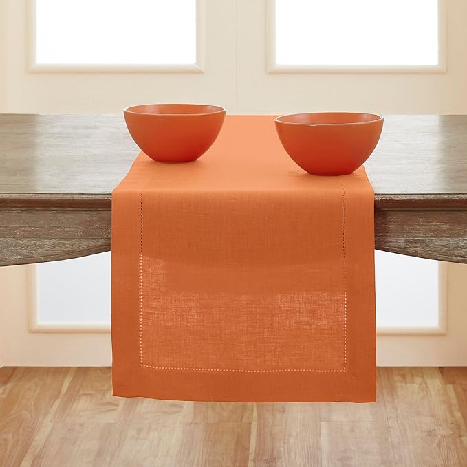 Solino Home Linen Pumpkin Hemstitch Table Runner 48 Inches - 100% Pure Linen Small Table Runner 14 x 48 Inch Ideal for Dresser and Coffee Tables - Classic Hemstitch
