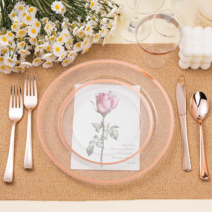 BESTSTAR 200PCS Rose Gold and Clear Plastic Plates, Rose Gold Disposable Plate Set with 100 Dinner Plates and 100 Dessert Plates for Party