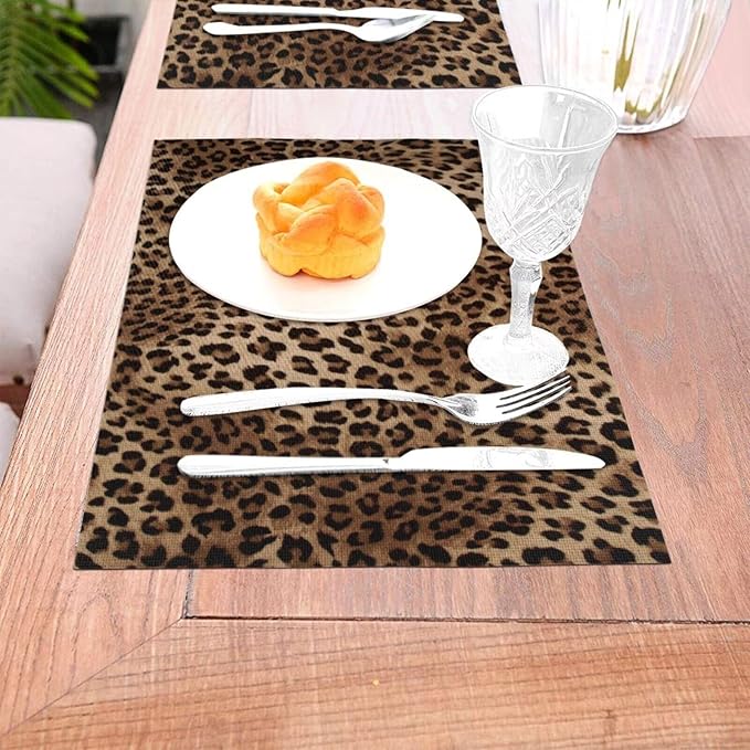 Brown Leopard Placemats Set of 4 Black Cheetah Skin Wild Animal Print Wipeable Table Mats Reusable Washable PVC Rectangle Place Mats for Kitchen Dining Home Decor 12x18 Inches