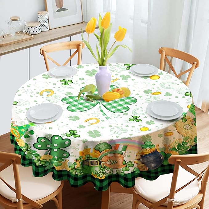 St Patricks Day Tablecloth, St Patricks Table Cloth Rectangle 60 x 104 with Shamrock Gnome, Saint Patricks Day Oblong Tablecloth Buffalo Check Plaid Kitchen Table Cover for Dining Room Indoor Decor