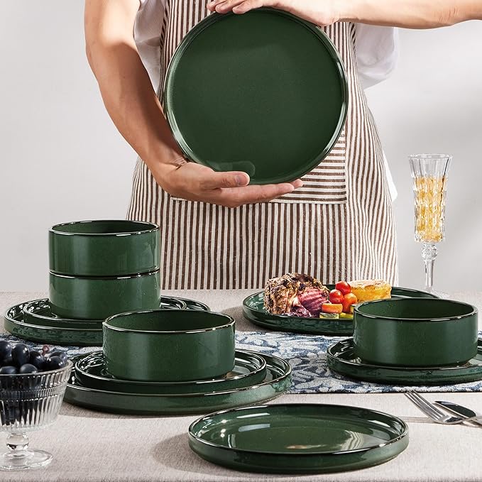 Herogo 12 Pieces Stoneware Dinnerware Set for 4, Ceramic Dinner Dishware Sets for Home Kitchen, Plates and Bowls with Rustic Terracotta Bottom, Dishwasher & Microwave Safe, Dark Green