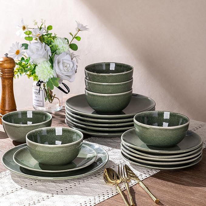 AmorArc Ceramic Dinnerware Sets for 4, 12 Pieces Handpainted Plates and Bowls Set, Scratch Resistant Stoneware Dishes Set, Dishwasher & Microwave Safe, Jade Green