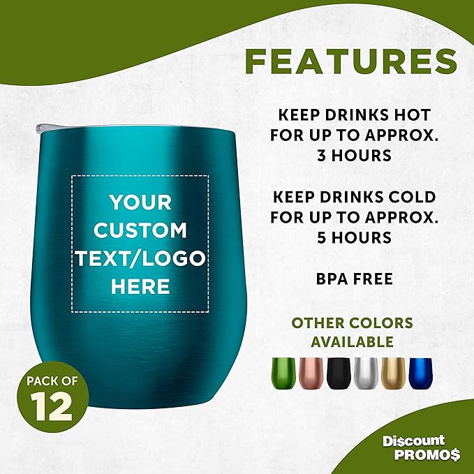 Custom Stemless Wine Glass Tumblers with Lids by Largo 11 oz. Set of 12, Personalized Bulk Pack - Perfect for Wine, Cocktails, Other Hot & Cold Beverages - Teal