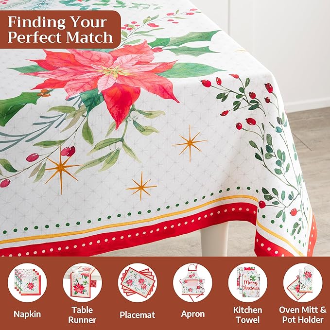 Maison d' Hermine Table Cloth Rectangle Table 100% Cotton 70 x 108 Inches Fall Tablecloth Reusable Everyday Use for Thanksgiving Christmas Decorations Dining Farmhouse Party (Poinsettia Christmas)