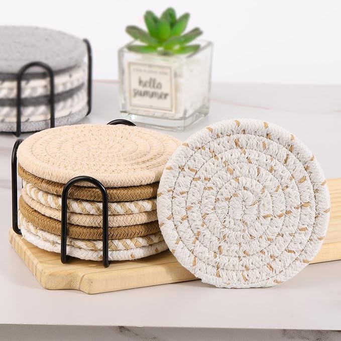16Pcs Drink Coasters with Holder, 8 Colors Absorbent Coasters Minimalist Cotton Woven Coaster for Living Room Decor,Tabletop