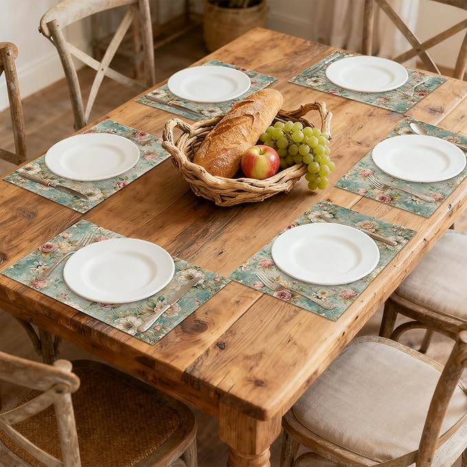 Pink Flowers Leaves Placemats Set of 6, Linen Washable for Christmas, Thanksgiving, Party, and Daily Dining, Decorative Table Mats for 4-6 Person Table