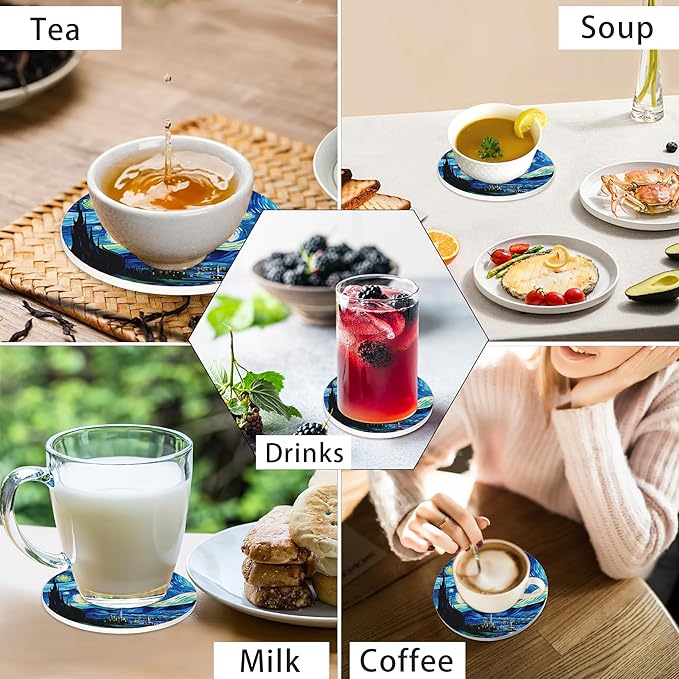 Coasters for Drinks Absorbent with Holder,Abstract Starry Sky Sets of 6 Durable Cup Coaster for Coffee Table Protection,Great Housewarming Birthday Gifts,Home Decor