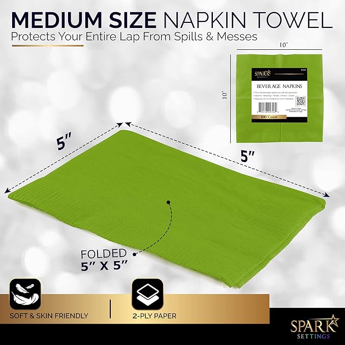 100 Pack Kiwi Green Beverage Napkins, Big Party Pack, 2 Ply, Ideal for Wedding, Party, Birthday, Dinner, Lunch, Cocktails. (5” x 5”) by Amcrate