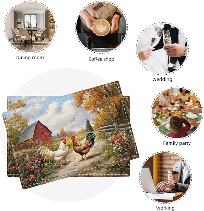 Farmhouse Rooster Placemats Set of 6, Farm Chicken Place Mats, Rustic Farm Coop Waterproof Washable Table Mats for Home Party Indoor Kitchen Dining Table Decoration 12x18 Inch