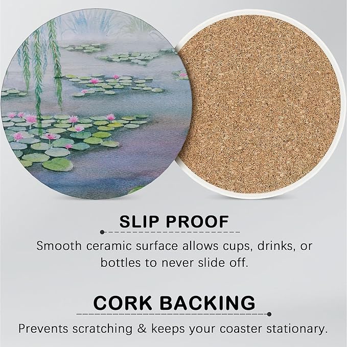 Drink Coasters for Drinks Set of 6,Claude Monet Water Lilies Absorbent Round Ceramic Stone Mat Coaster, with Cork Base and Metal Holder, Home Bar Decor House Warming Gift