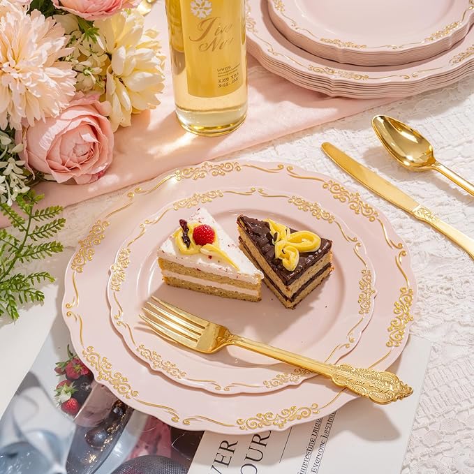 DaYammi 150Pcs Pink Plastic Plates with Gold Rimmed & Gold Silverware,Pink Disposable Plates for Party Include 30 Dinner Plate,30 Dessert Plate,30 Knives,30 Forks,30 Spoons for Valentine's Day Party