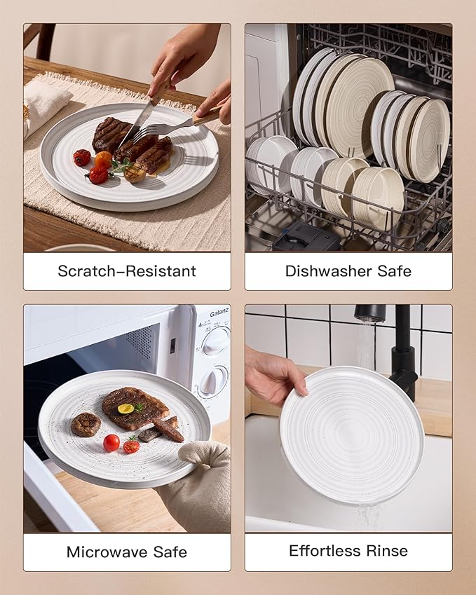 Stoneware Dinnerware Set, Highly Chip & Scratch Resistant Everyday Plates and Bowls for 8 (24pcs), Reactive Glaze Speckled Ceramic Straight Dishes with Gift Box, Microwave Dishwasher Safe, White
