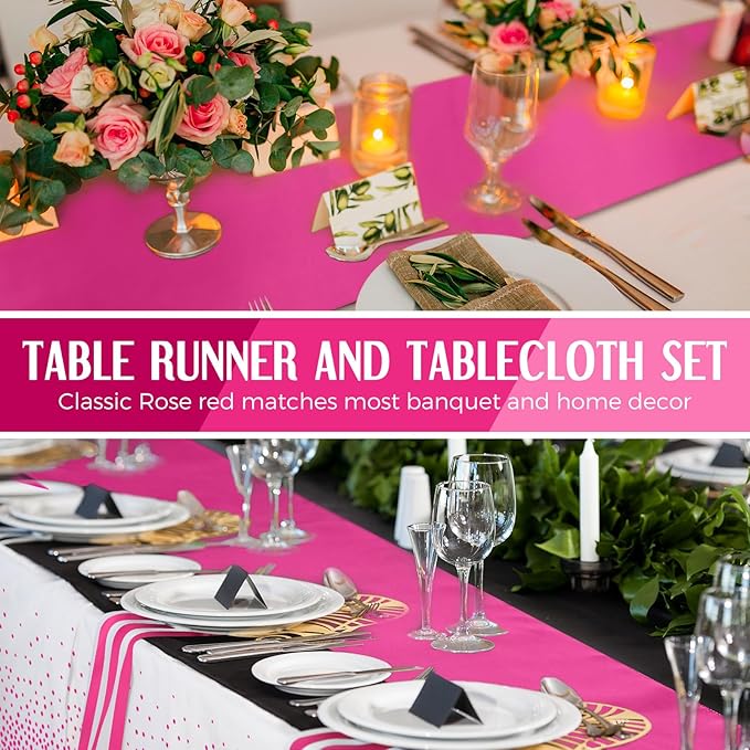 Breling 8 Pack White and Hot Pink Disposable Plastic Tablecloths and Satin Table Runner Set, 54 x 108 Inch Tablecloth, 12 x 108 Inch Table Runners for Birthday Baby Shower Wedding Graduation