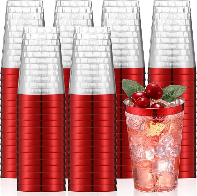Patelai 100 Pcs Red Plastic Cups 12 oz Red Rimmed Plastic Cups Heavy Duty Disposable Wine Glasses Clear Cocktail Glasses Drinking Tumblers for Party Wedding Christmas Birthday