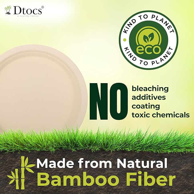 Dtocs Bamboo Fiber Plates 10 Inch Round (50 Pcs) | Bamboo Plate Disposable Dinnerware Set for Party, Dinner, BBQs, Wedding | Sustainable Platter for Hot, Cold Food | Alt to Plastic, Wood, Paper Plates