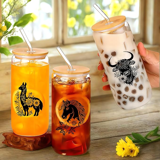 Cute Llama Glass Cup With Lids And Straws, Llama Gift For Women, Iced, Coffee, Smoothie, Cocktail, Beer, Whiskey, Soda, Matcha,16 Oz, Home Office Table Desk Decoration!