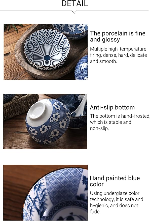 Gegong Blue and White Porcelain Dinnerware Set, Dishes, Bowl, Spoon, Chopsticks, Service for 1, Colorful Glazed Ceramic Set, Gift Box Packaging (Spring Sakura)