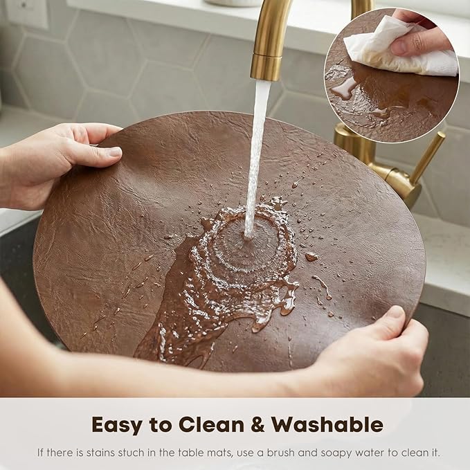 Artoid Mode Brown Faux Leather Placemats Set of 6, 15 Inch Waterproof Wipeable Heat Resistant Vinyl Place Mats, Reversible Table Mats for Kitchen Dining Decor