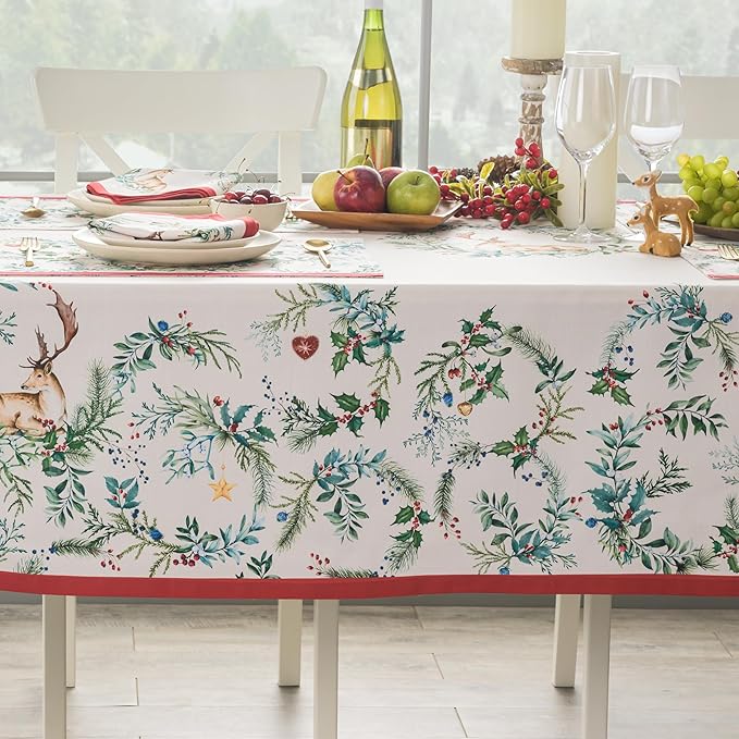 Maison d' Hermine Table Cloth Rectangle Table 100% Cotton 70 x 90 Inches Fall Tablecloth Reusable Everyday Use for Thanksgiving Christmas Decorations Dining Farmhouse Party (Holly Time)