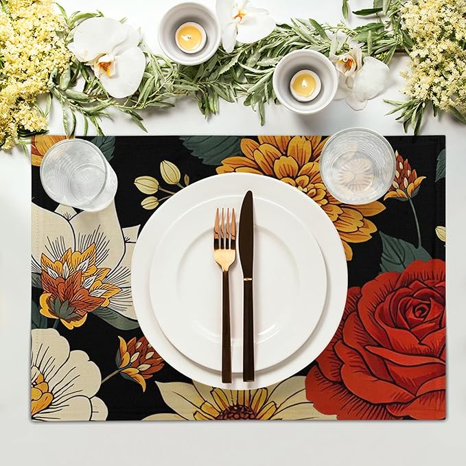 Boho Placemats Set of 4 - Floral Place Mats 12x18 Vintage Flower Table Mats Bohemian Kitchen Mats for Party Dining Table