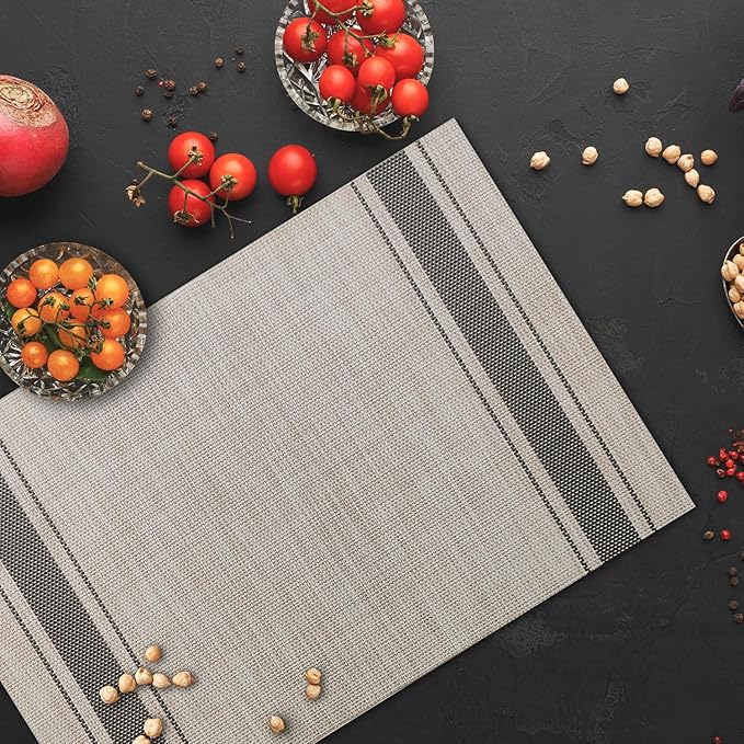 Placemats Set of 4 Vinyl Washable Gray Placemats, 18"x12" Wipeable Heat-Resistant Non-Slip Easy Clean Table Mats Ideal for Dining Table Table Runner and Outdoor(4, Grey Wide Stripe)