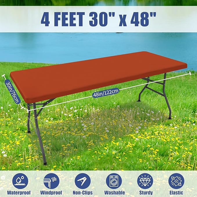 Spandex 4 Foot Rectangle Thanksgiving Table Cloth 2 Pack, Elastic Fitted Tablecloths for Picnic, Stretch Washable Patio Table Cover for Outdoor, Camping, Banquet and Parties (Rust, 30"x48")