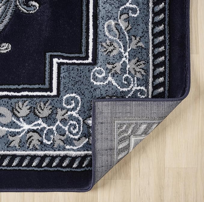 Modern 2x7 Navy Traditional Living Room Rug - Area Rugs for Living Room, Dining & Bedroom - Hand Carved Runner Carpet - Durable Polyester - Non-Fade, Stain-Resistant - Turkish Made