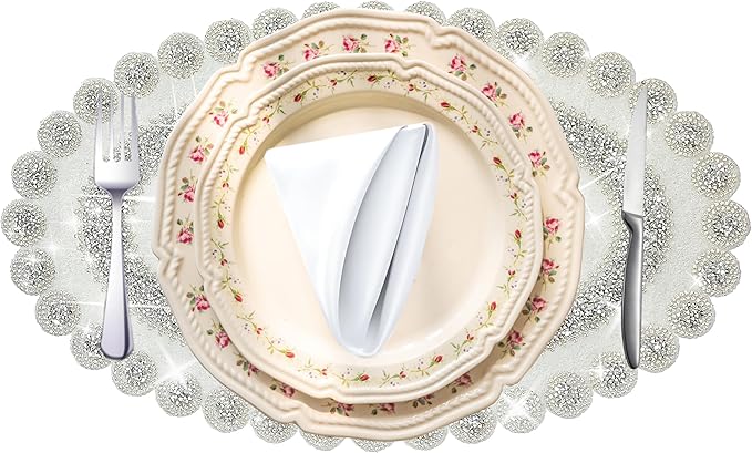 Sparkling Silver Diamond Placemats Bling Oval Place Mat Heat Elegant Table Decor for Weddings, Holidays, and Special Events (15x9 Inch)-8 PCS