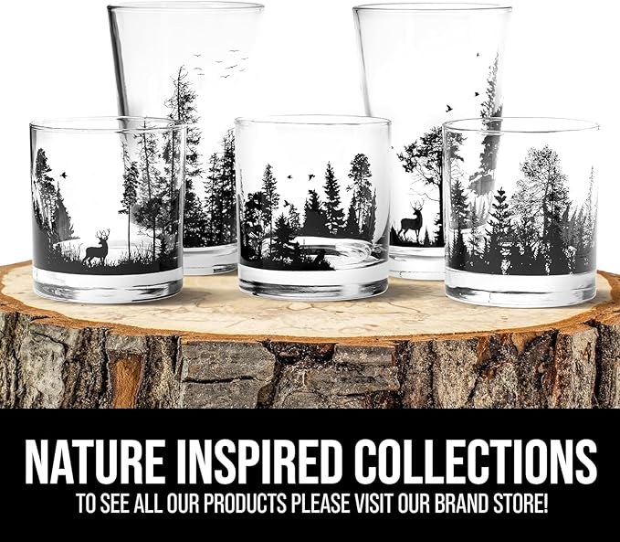 Double Exposure Bird Whiskey Glasses – Set of 2 by Black Lantern | 11oz Tumblers with Black Bird & Mountain Forest Design