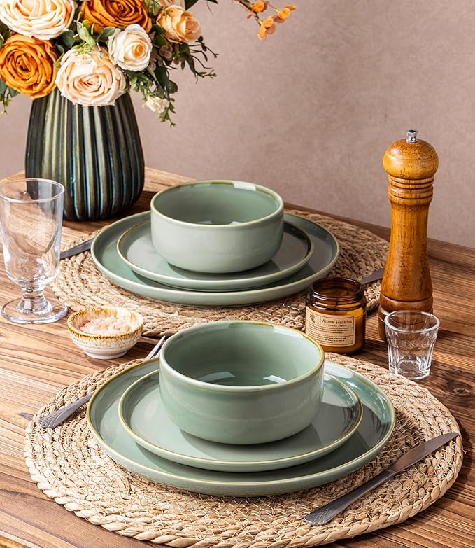 TheTerra Ceramic Dinnerware Sets for 4, 12 Pieces Handmade Reactive Glaze Plates and Bowls Set, Scratch Resistant Dish Set, Oven & Microwave & Dishwasher Safe, Eucalyptus