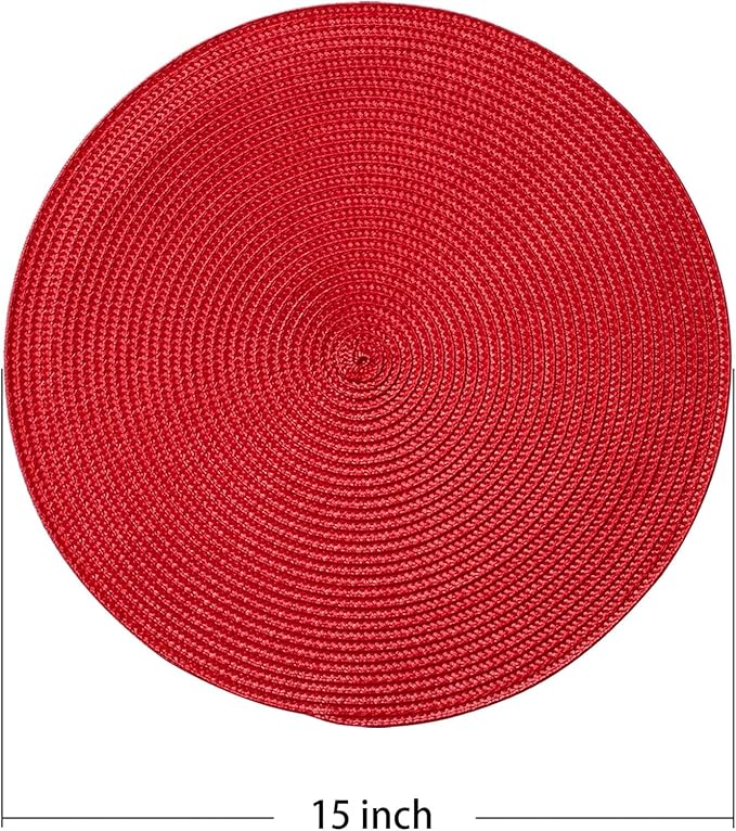 AHHFSMEI Round Braided Placemats 15 Inch Round Table Mats for Dining Tables Natural Woven Heat Resistant Place mats Set of 4 (red,4)