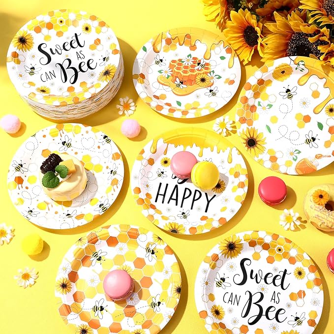 60 Pcs 7 Inch Honey Bee Paper Plates Bee Happy Shower Tableware Gender Reveal Party Dinnerware Honey Theme Day Birthday Party Tableware Decorations Favors