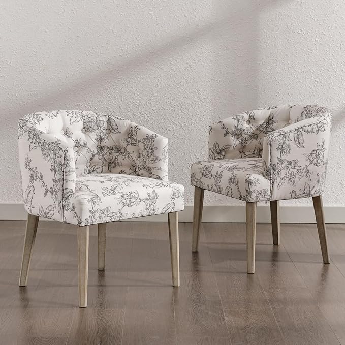 Mid-Century Modern Dining Chairs Set of 6, Tufted Upholstered Linen Dining Room Chairs with Wooden Legs, Floral Pattern
