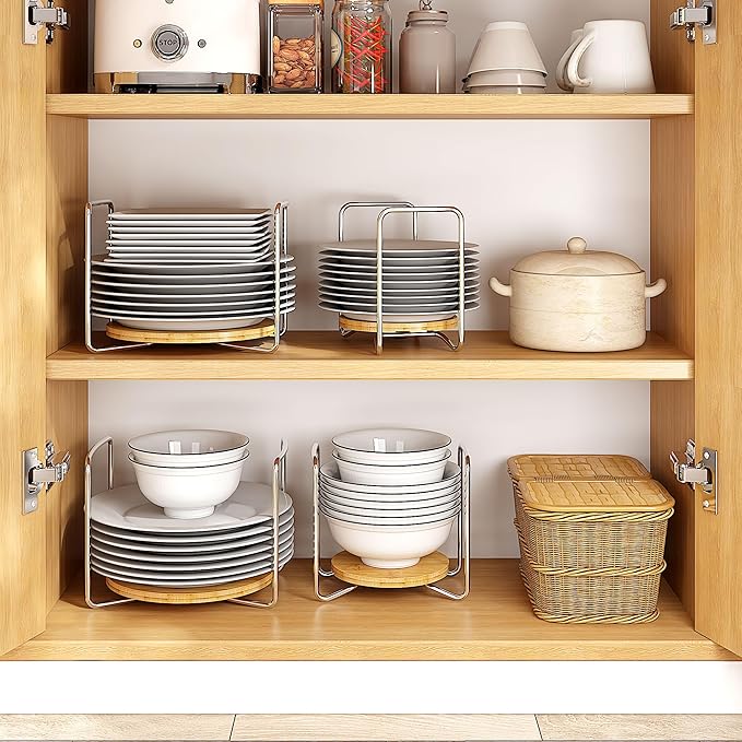 Dish Rack for Kitchen Countertop Organizer - Bamboo Plate Organizer for Cabinet Space Saver, Adjustable Stainless Steel 304 Plate and Bowl Holder with Portable Handle for Drawer Cupboard Shelf RV