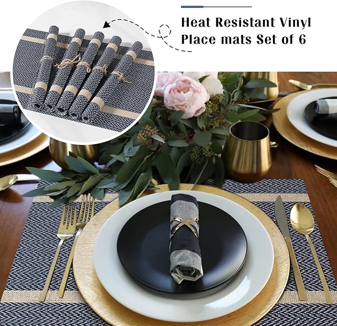 FAVE Placemats Set of 4 Blue Placemats Woven with Golden Thread Durable Wipeable Vinyl Placemats Table Mats Set of 4 for Wedding, Banquet, Birthday, Party, Restaurant Decorations(Blue, 12"x18"-4PCS)